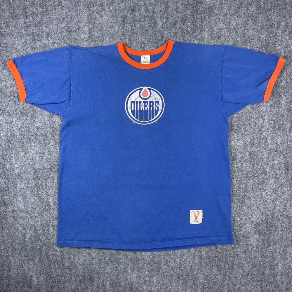 Vintage Oilers Hockey Ringer T-Shirt Mens XL Blue Orange NHL